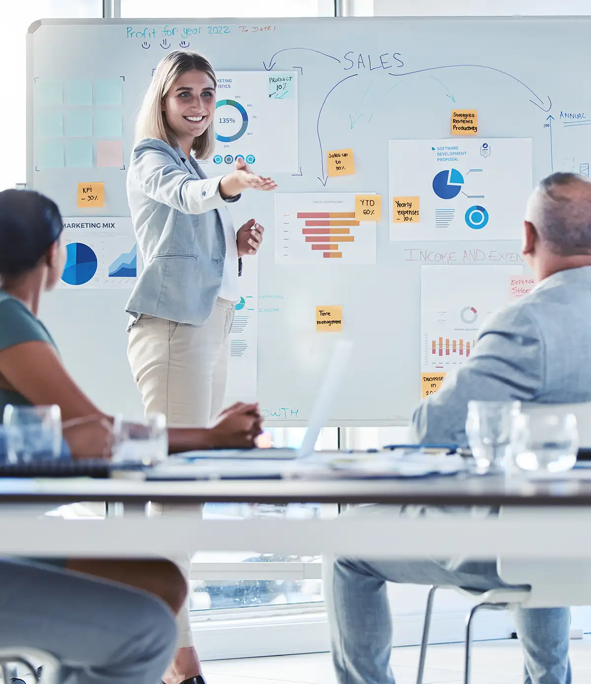 Vertriebspräsentation, Marketing- und Finanzfachleute in einer Besprechung und Frau mit Fragen zum finanziellen Wachstum des Unternehmens, Diagramm und Datenanalyse. Leiter des Strategieteams spricht über Analysebericht. 